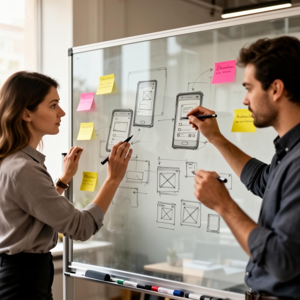 Two professionals sketching a digital tool prototype on a glass whiteboard